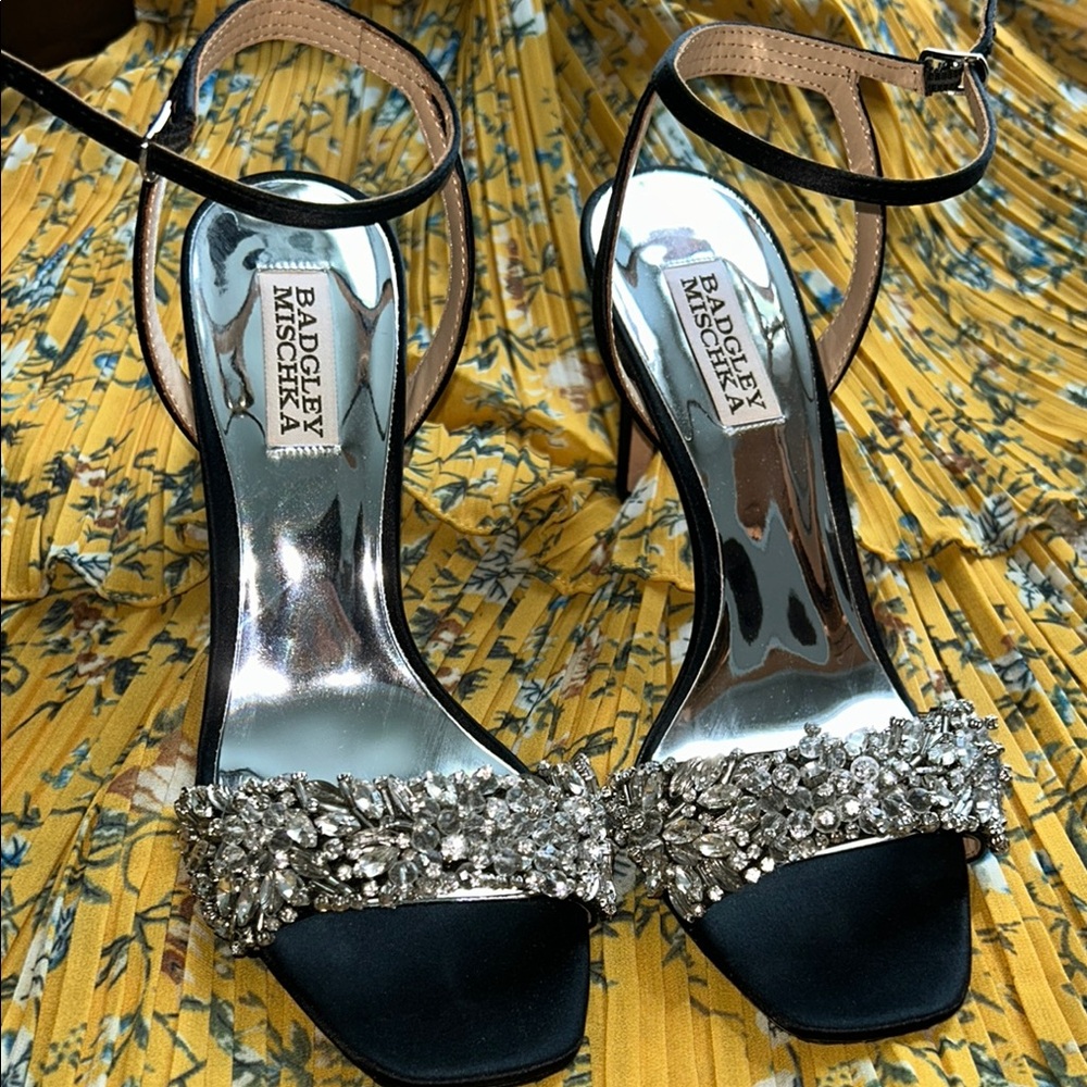 Badgley Mischka Black Rider Heels with Silver Embellishments